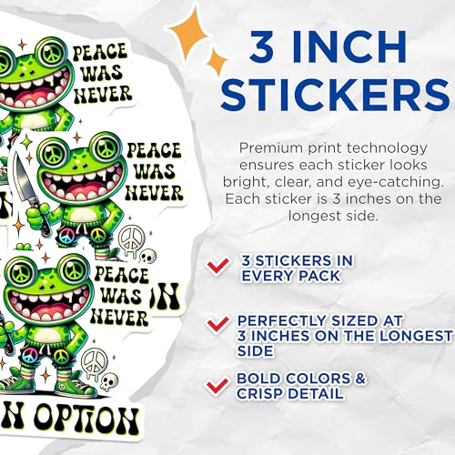 (3 Pack) Peace was Never Option Decals - Funny Frog Decal - Retro Aesthetic Decals - 3 Inches On Longest Side - Easy Peel & Apply - Made in USA - 3MCS6370