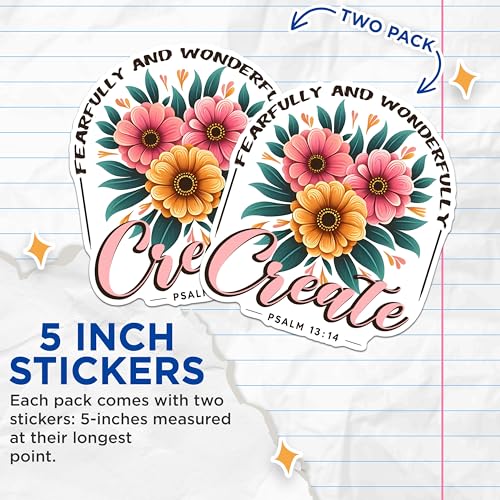 (2 Pack) Fearfully and Wonderfully Made Stickers - Bible Verse Stickers - Inspirational Christian Stickers - 5" On Longest Side - Sticks to Any Smooth Flat Surface - Made in USA - BMCS2826
