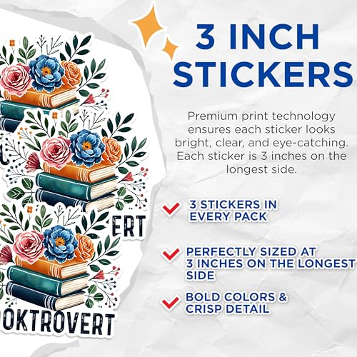 (3 Pack) Booktrovert Decals - Book Lover - Floral Stacked Books - 3 Inches On Longest Side - Easy Peel & Apply - Made in USA - 3MCS1570