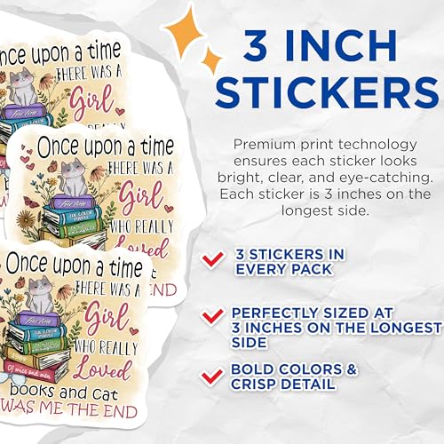 (3 Pack) Book Lover Decals - Cat Decals - Girl Who Loved Books - Laptop Decal - 3 Inches On Longest Side - Easy Peel & Apply - Made in USA - 3MCS1807