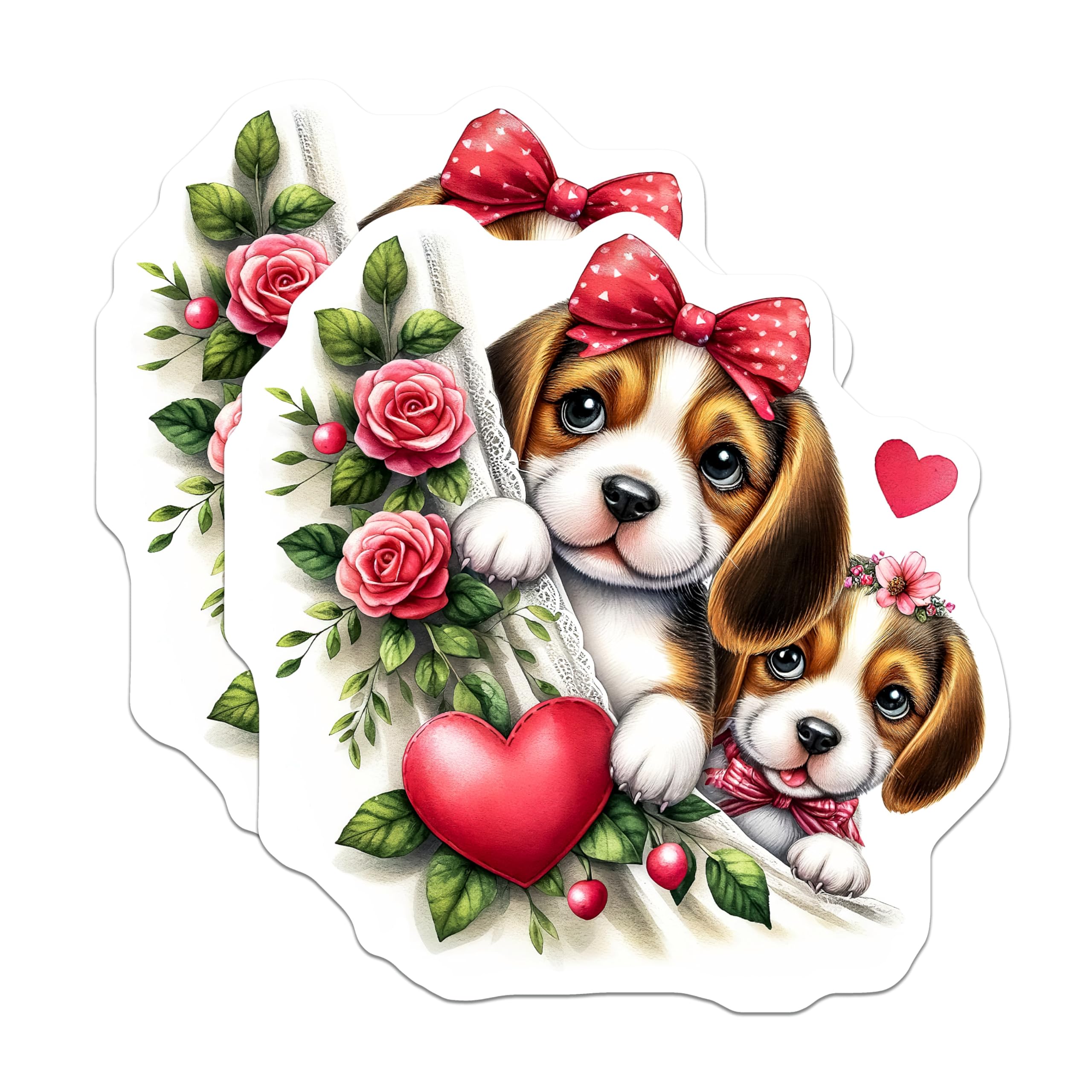 (2 Pack) Beagle Puppy Magnets - Cute Dog Illustration - Floral and Hearts Magnets - 5" On Longest Side - Premium Magnet - for Cars, Refrigerators, Toolboxes, Lockers - Made in USA - MAG14152