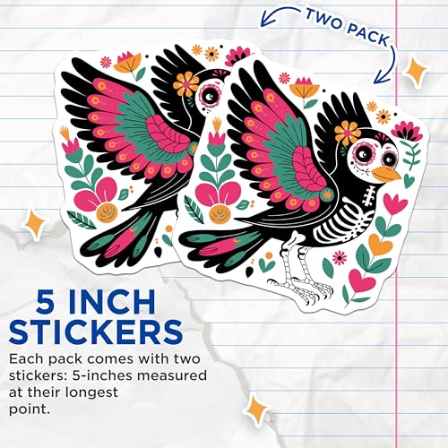 (2 Pack) Sugar Skull Bird Stickers - Day of The Dead Decoration - Colorful Mexican Art - 5" On Longest Side - Sticks to Smooth Flat Surfaces - Made in USA - BMCS9455