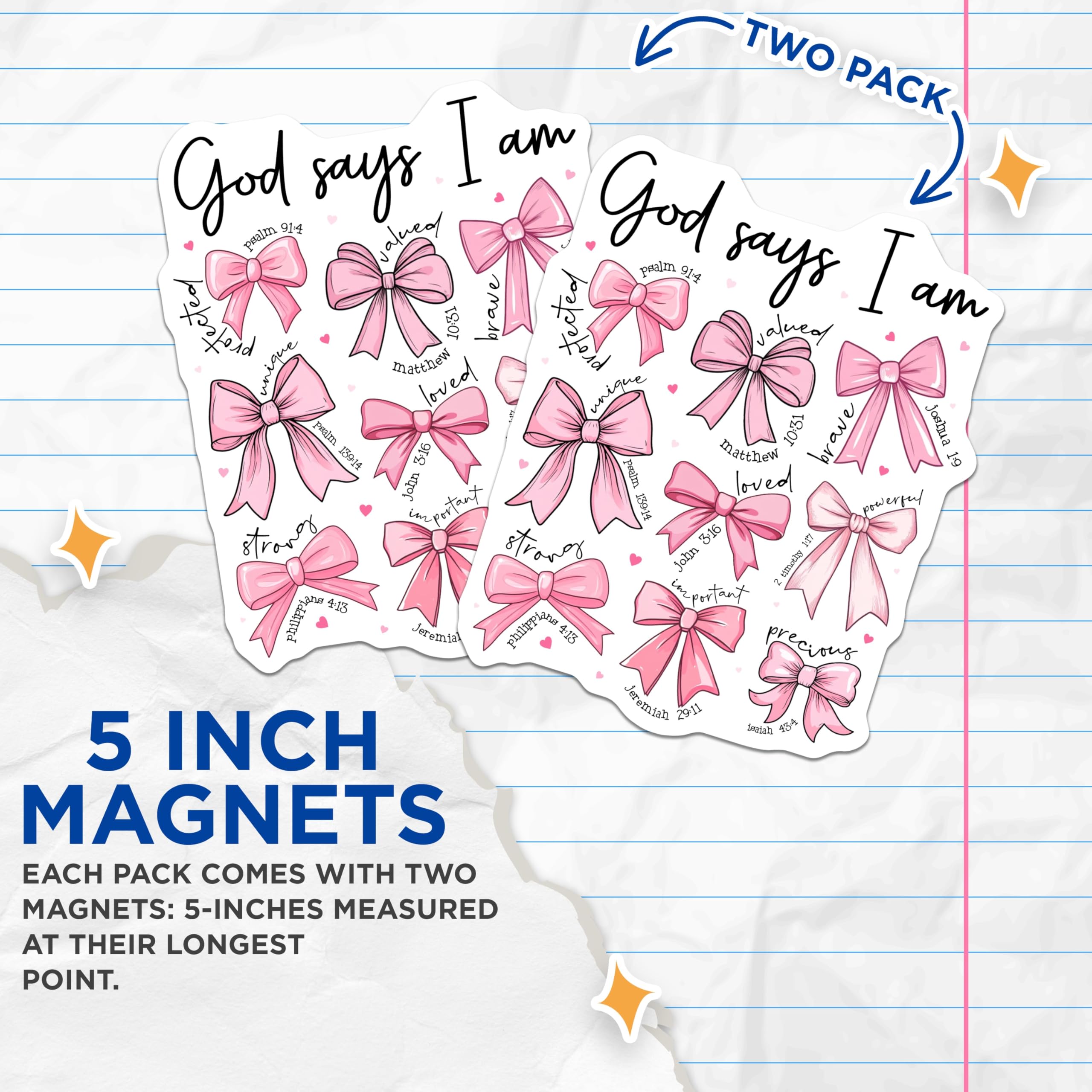 (2 Pack) God Says I Am Affirmation Magnets - Christian Faith Encouragement Decor - Inspirational Pink Bow Bible Verse Art - 5 Inches On Longest Side - Thick Durable Magnet - Made in USA - MAG24988