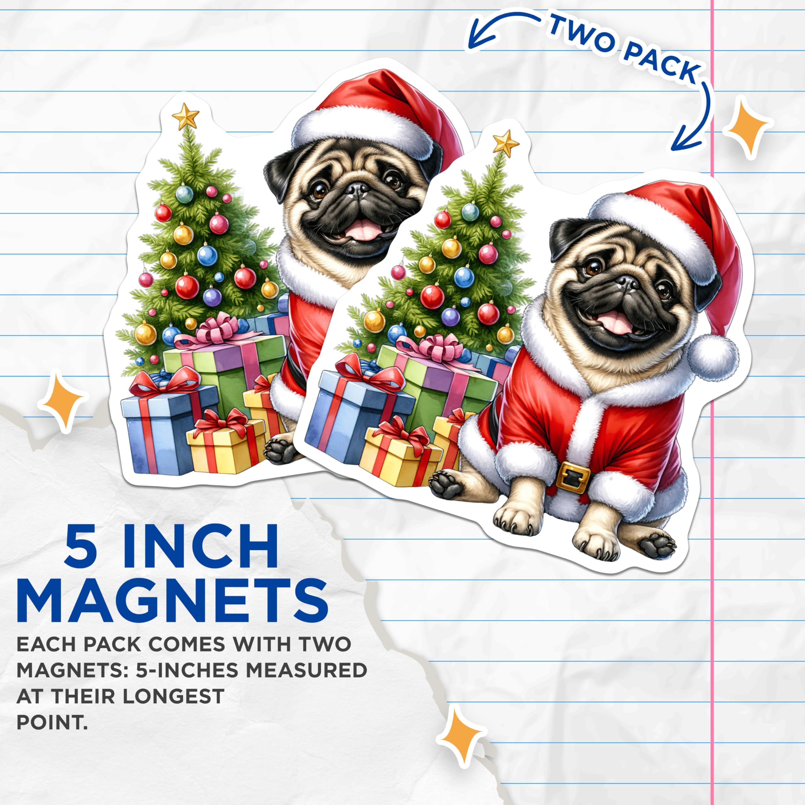 (2 Pack) Pug Christmas Magnets - Santa Dog Holiday Decor - Pet Lover Fridge Accessory - 5 Inches On Longest Side - Thick Durable Magnet - Made in USA - MAG27798