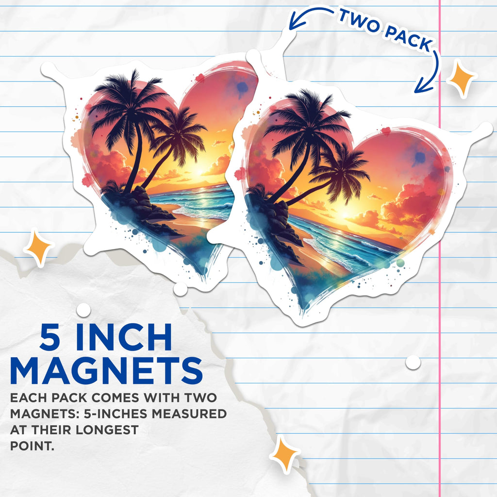 (2 Pack) Tropical Beach Sunset Heart Magnets - Coastal Ocean Vibe Decor - Romantic Vacation Souvenir - 5 Inches On Longest Side - Thick Durable Magnet - Made in USA - MAG30949