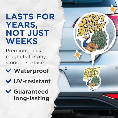(2 Pack) Strut Your Stuff Magnets - Peacock Magnets - Motivational Magnets - 5" On Longest Side - for Cars, Fridges, Toolboxes - Made in USA - MAG4210