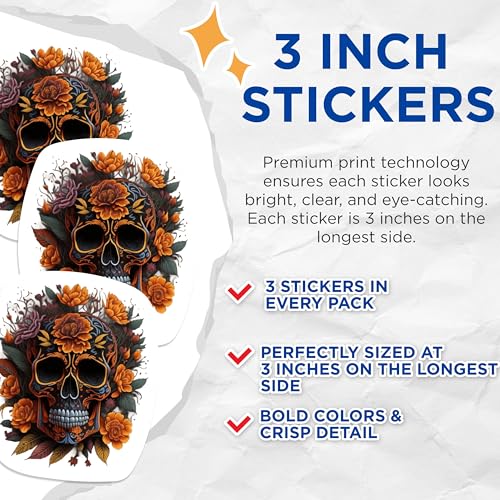 (3 Pack) Floral Skull Decals - Sugar Skull Decor - Day of The Dead Decal - 3 Inches On Longest Side - Easy Peel & Apply - Made in USA - 3MCS1174