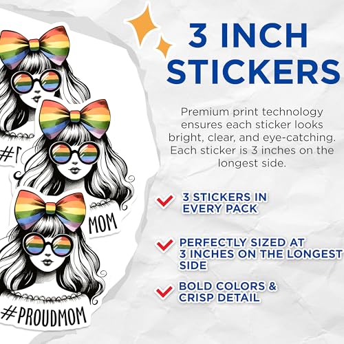 (3 Pack) Proud Mom Decals - LGBTQ Pride Rainbow - Mom Ally Supporter Decals - 3 Inches On Longest Side - Easy Peel & Apply - Made in USA - 3MCS7049