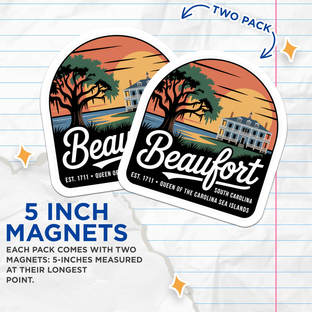 (2 Pack) Beaufort South Carolina Magnets - SC Travel Souvenir - Sea Islands Decor Magnet - 5" On Longest Side - Premium Magnet - for Cars, Refrigerators, Toolboxes, Lockers - Made in USA - MAG17489