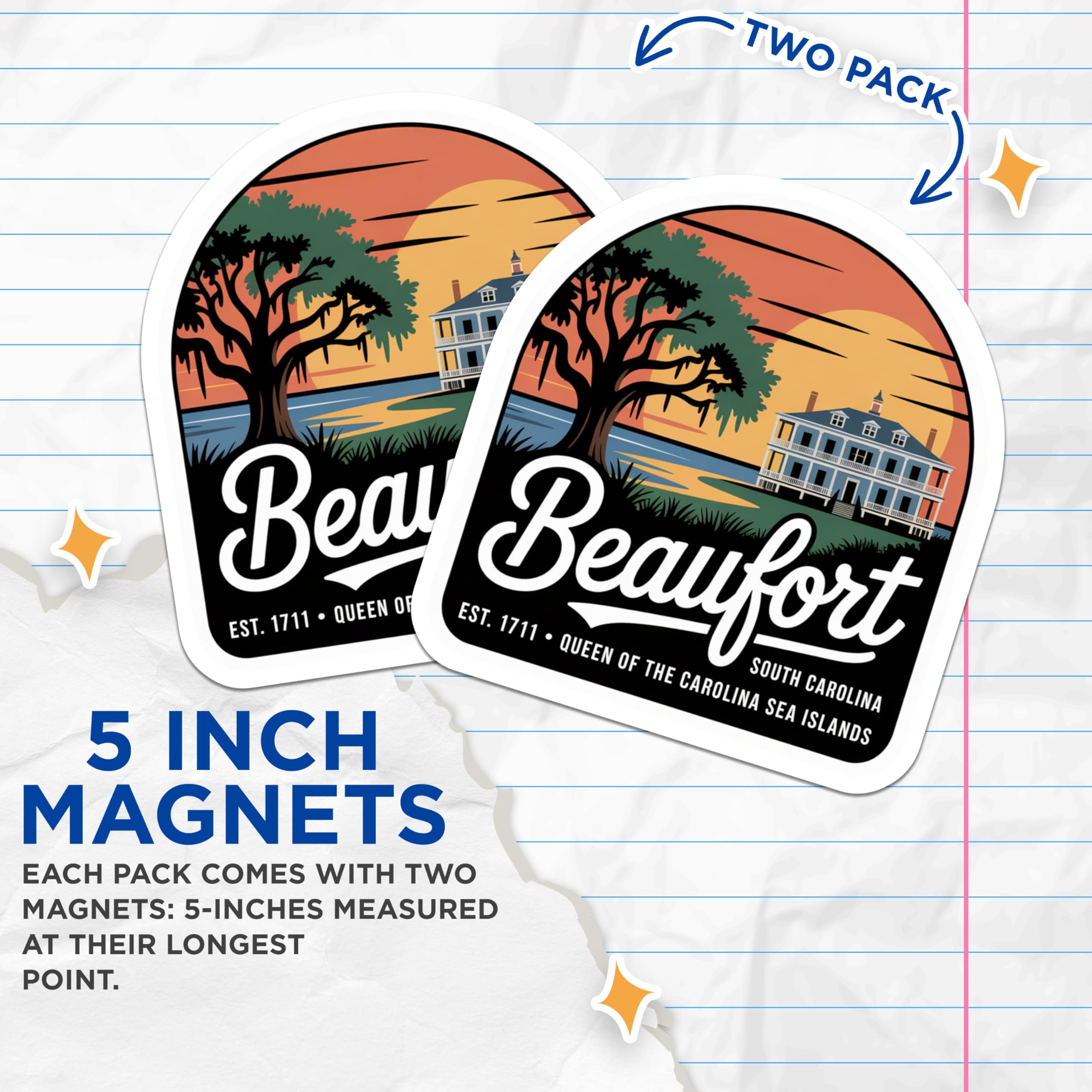 (2 Pack) Beaufort South Carolina Magnets - SC Travel Souvenir - Sea Islands Decor Magnet - 5" On Longest Side - Premium Magnet - for Cars, Refrigerators, Toolboxes, Lockers - Made in USA - MAG17489