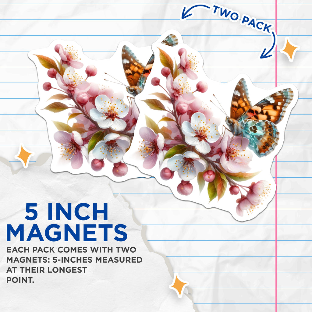 (2 Pack) Cherry Blossom Butterfly Magnets - Spring Floral Decor - Nature Aesthetic Accent - 5 Inches On Longest Side - Thick Durable Magnet - Made in USA - MAG38583