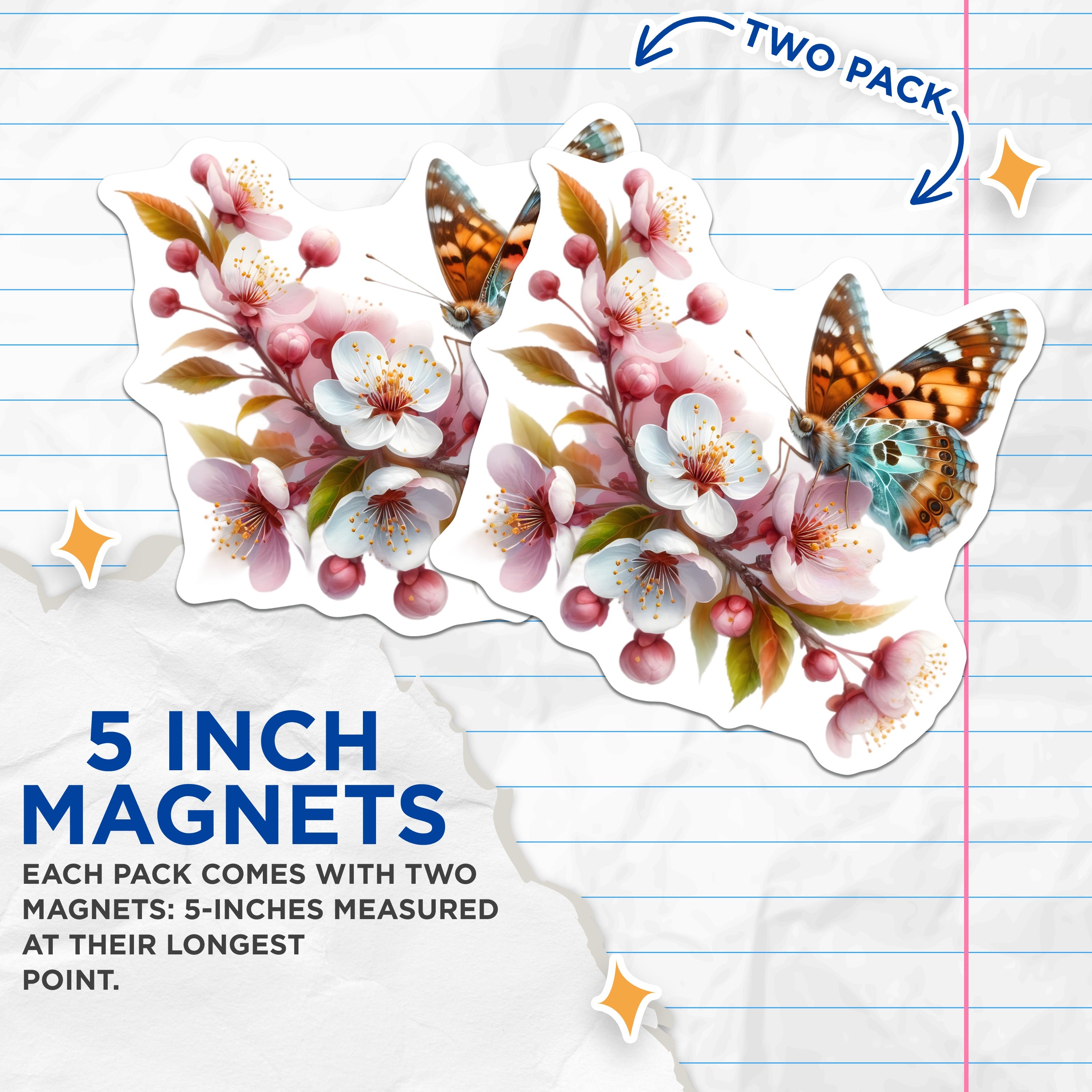 (2 Pack) Cherry Blossom Butterfly Magnets - Spring Floral Decor - Nature Aesthetic Accent - 5 Inches On Longest Side - Thick Durable Magnet - Made in USA - MAG38583