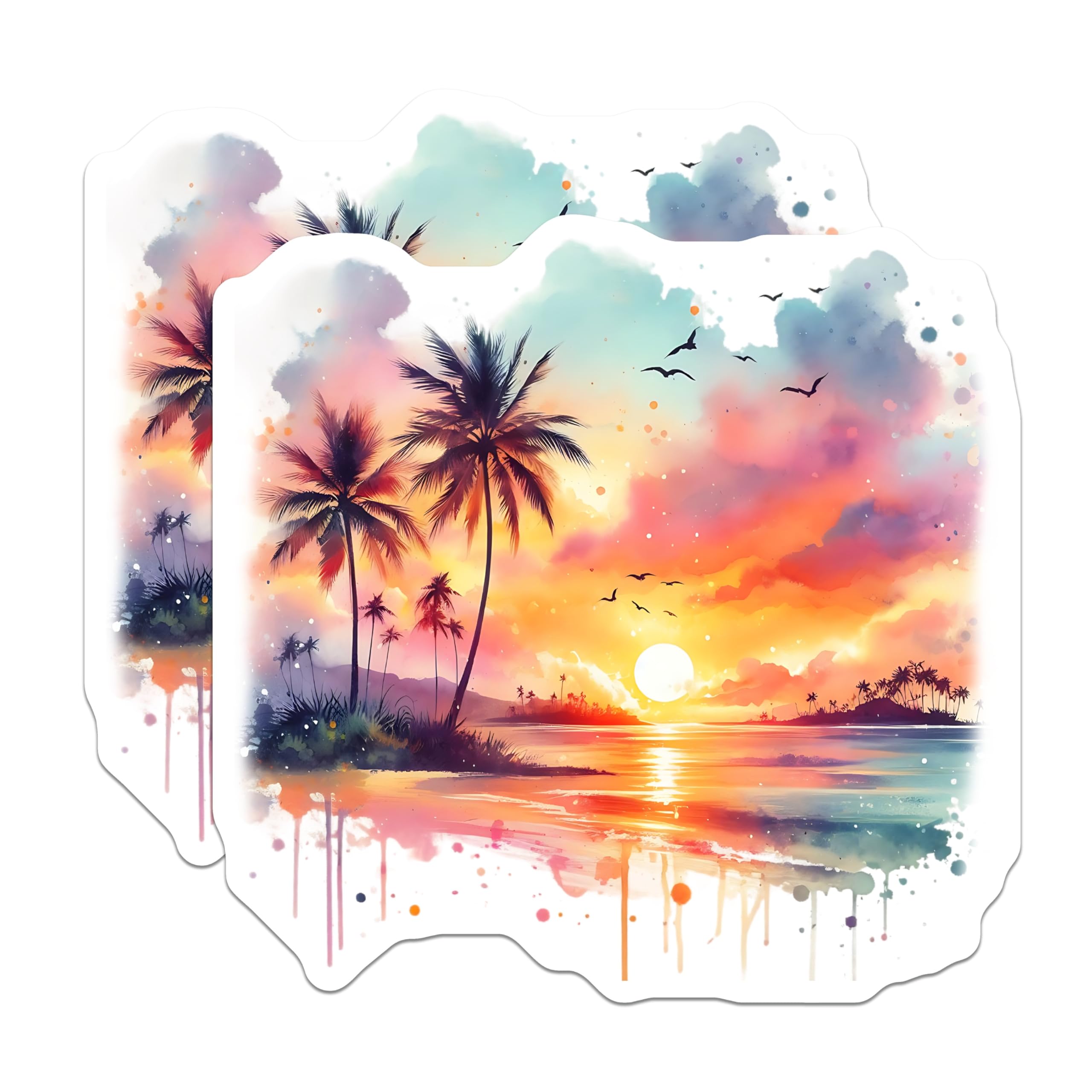 (2 Pack) Tropical Sunset Stickers - Palm Tree Beach - Watercolor Decals - 5" On Longest Side - Sticks to Smooth Flat Surfaces - Made in USA - BMCS14629