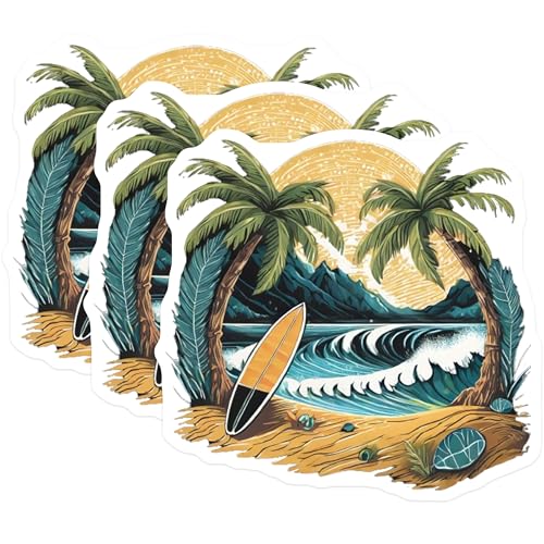 (3 Pack) Surfboard Beach Decals - Palm Tree Decals - Ocean Wave Stickers - 3 Inches On Longest Side - Easy Peel & Apply - Made in USA - 3MCS8023