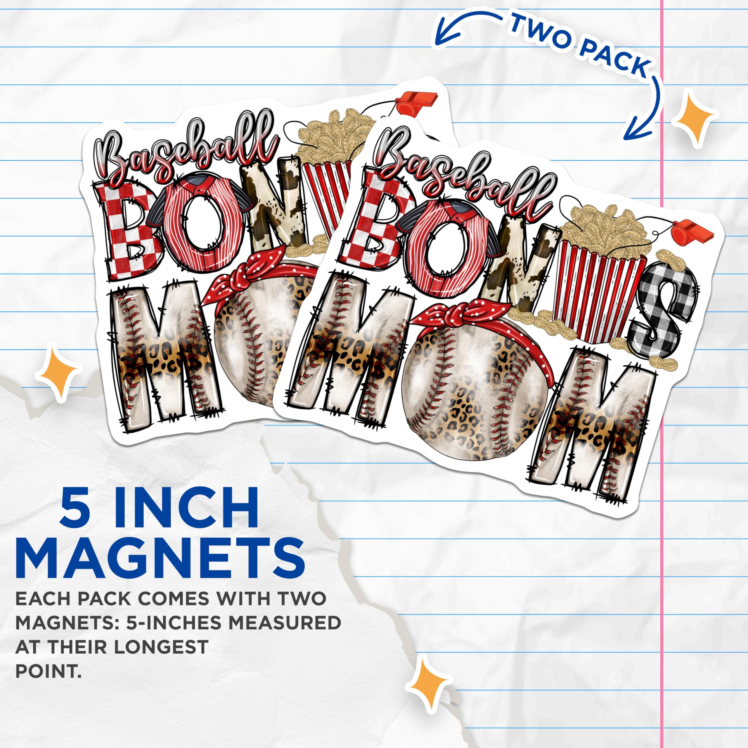 (2 Pack) Baseball Bonus Mom Magnets - Game Day Mama Decor - Leopard Print Sports Fan Accessory - Team Mom Refrigerator - 5 Inches On Longest Side - Thick Durable Magnet - Made in USA - MAG23765