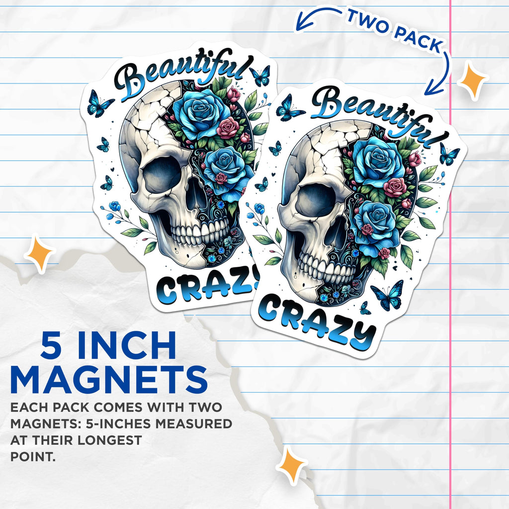 (2 Pack) Skull Floral Magnets - Gothic Skull Art - Butterfly Skull Decor - 5" On Longest Side - for Cars, Fridges, Toolboxes - Made in USA - MAG7389