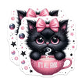 (2 Pack) Cute Cat Stickers - Kawaii Black Cat with Bow - Adorable Cat in Cup Stickers - 5" On Longest Side - Sticks to Smooth Flat Surfaces - Made in USA - BMCS4600