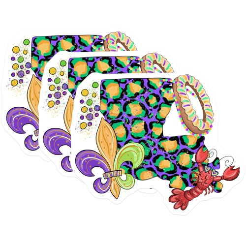 (3 Pack) Louisiana Mardi Gras Decals - Leopard Print - King Cake - Fleur de Lis - Crawfish - 3 Inches On Longest Side - Easy Peel & Apply - Made in USA - 3MCS2901