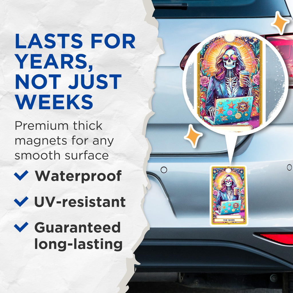 (2 Pack) Boss Skeleton Magnets - Tarot Card WFH Decor - Entrepreneur Office Art - Unique Skull Lover Refrigerator Magnet - 5 Inches On Longest Side - Thick Durable Magnet - Made in USA - MAG22448