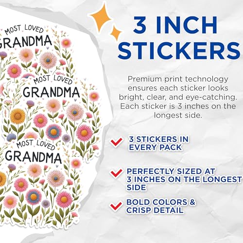 (3 Pack) Most Loved Grandma Decals - Floral Grandma Sticker - Grandmother Laptop Decal - 3 Inches On Longest Side - Easy Peel & Apply - Made in USA - 3MCS1427