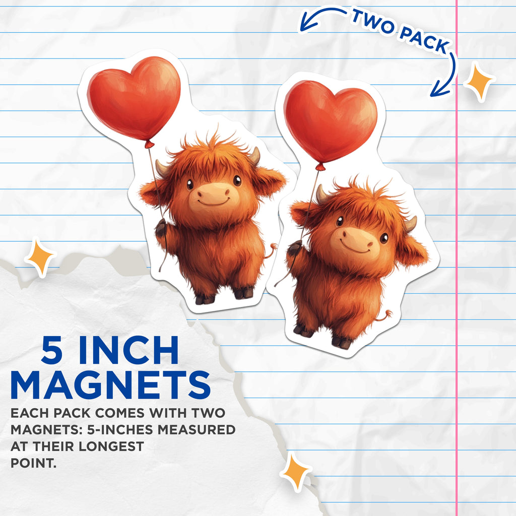 (2 Pack) Cute Highland Cow Magnets - Adorable Farm Animal - Red Heart Balloon - Kawaii Refrigerator Decor - Rustic Kitchen Accessory - 5" - Durable Magnet - Made in USA - MAG37174