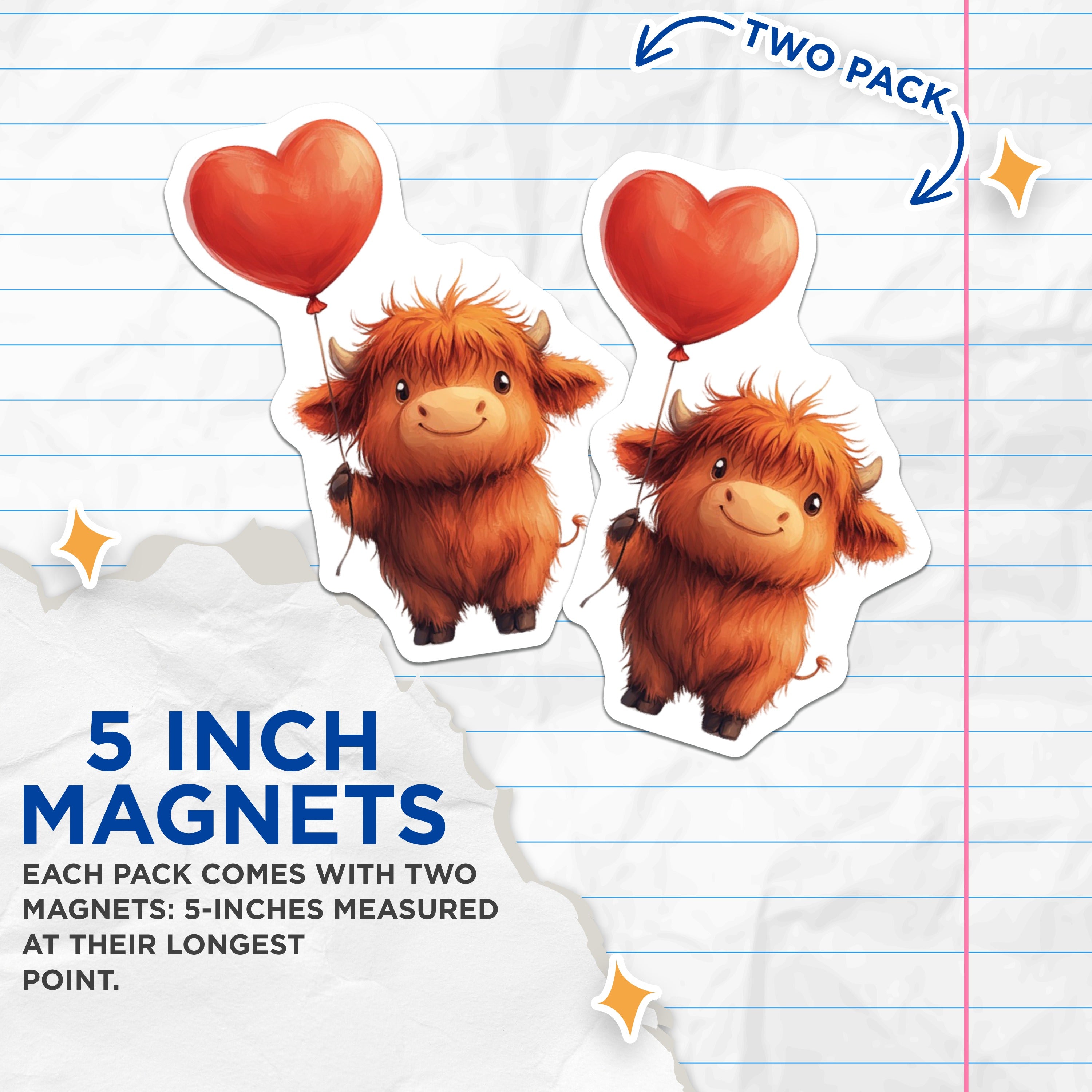 (2 Pack) Cute Highland Cow Magnets - Adorable Farm Animal - Red Heart Balloon - Kawaii Refrigerator Decor - Rustic Kitchen Accessory - 5" - Durable Magnet - Made in USA - MAG37174