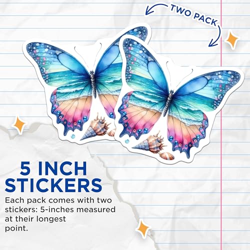 (2 Pack) Butterfly Stickers - Beach Shell Stickers - Colorful Nature Stickers - 5" On Longest Side - Sticks to Smooth Flat Surfaces - Made in USA - BMCS7276