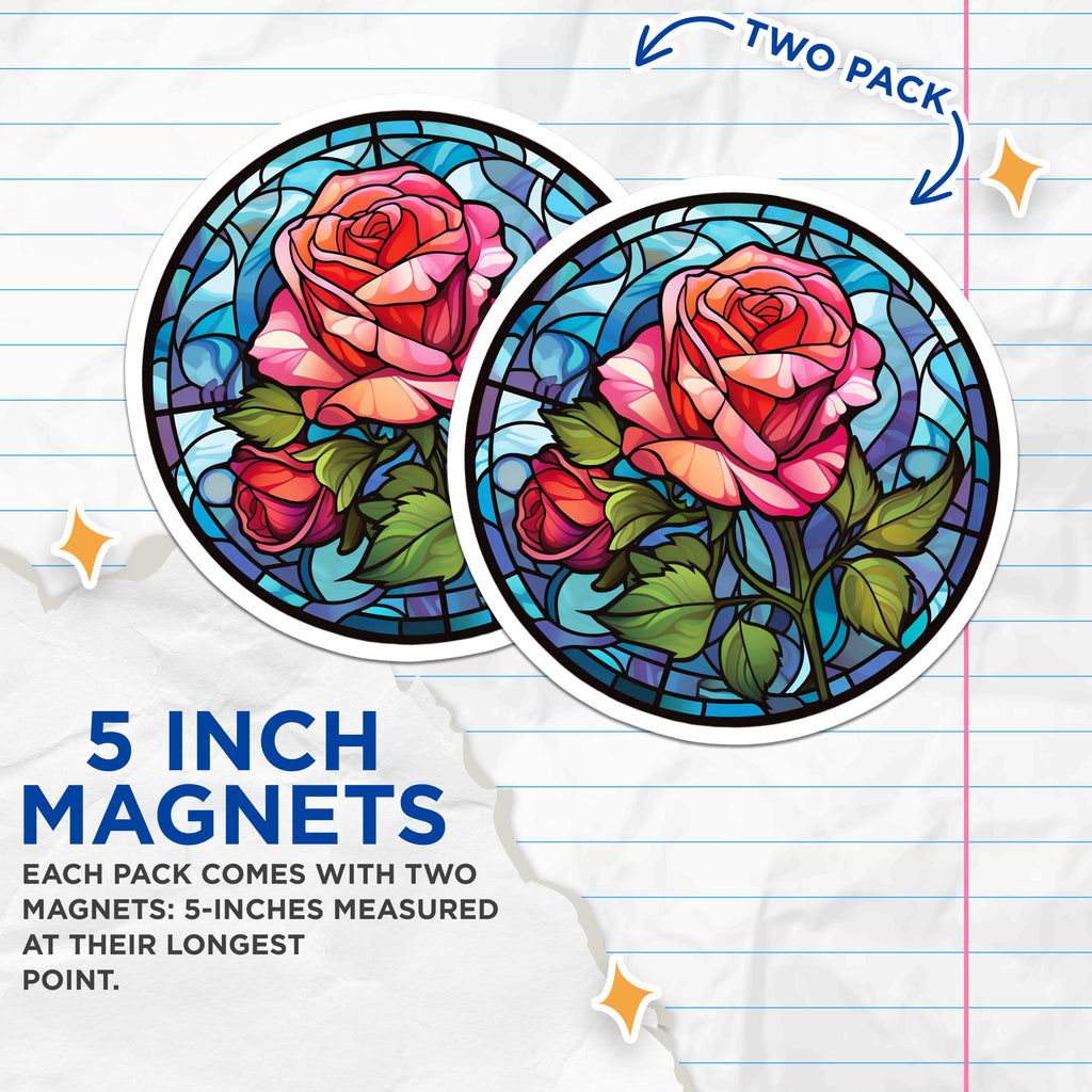 (2 Pack) Stained Glass Rose Magnets - Floral Kitchen Decor - Aesthetic Refrigerator Magnet - Botanical Artwork - 5 Inches On Longest Side - Thick Durable Magnet - Made in USA - MAG37715