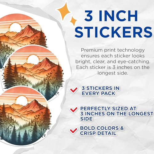 (3 Pack) Mountain Sunset Decals - Nature Scenery Decal - Laptop Decals - 3 Inches On Longest Side - Easy Peel & Apply - Made in USA - 3MCS1155