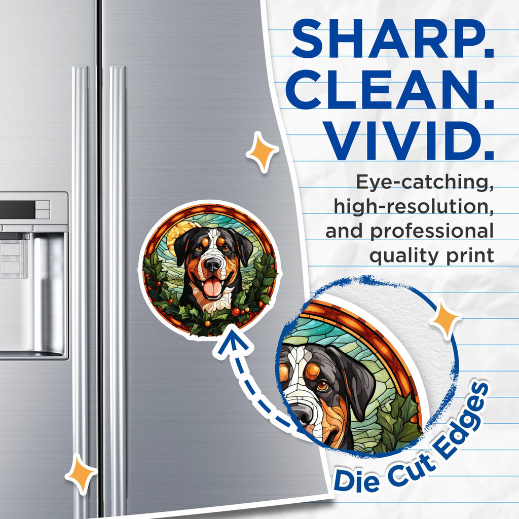 (2 Pack) Bernese Mountain Dog Magnets - Stained Glass Dog Art - Christmas Holiday Pet Decor - Berner Lover Fridge Display - 5 Inches On Longest Side - Thick Durable Magnet - Made in USA - MAG30041