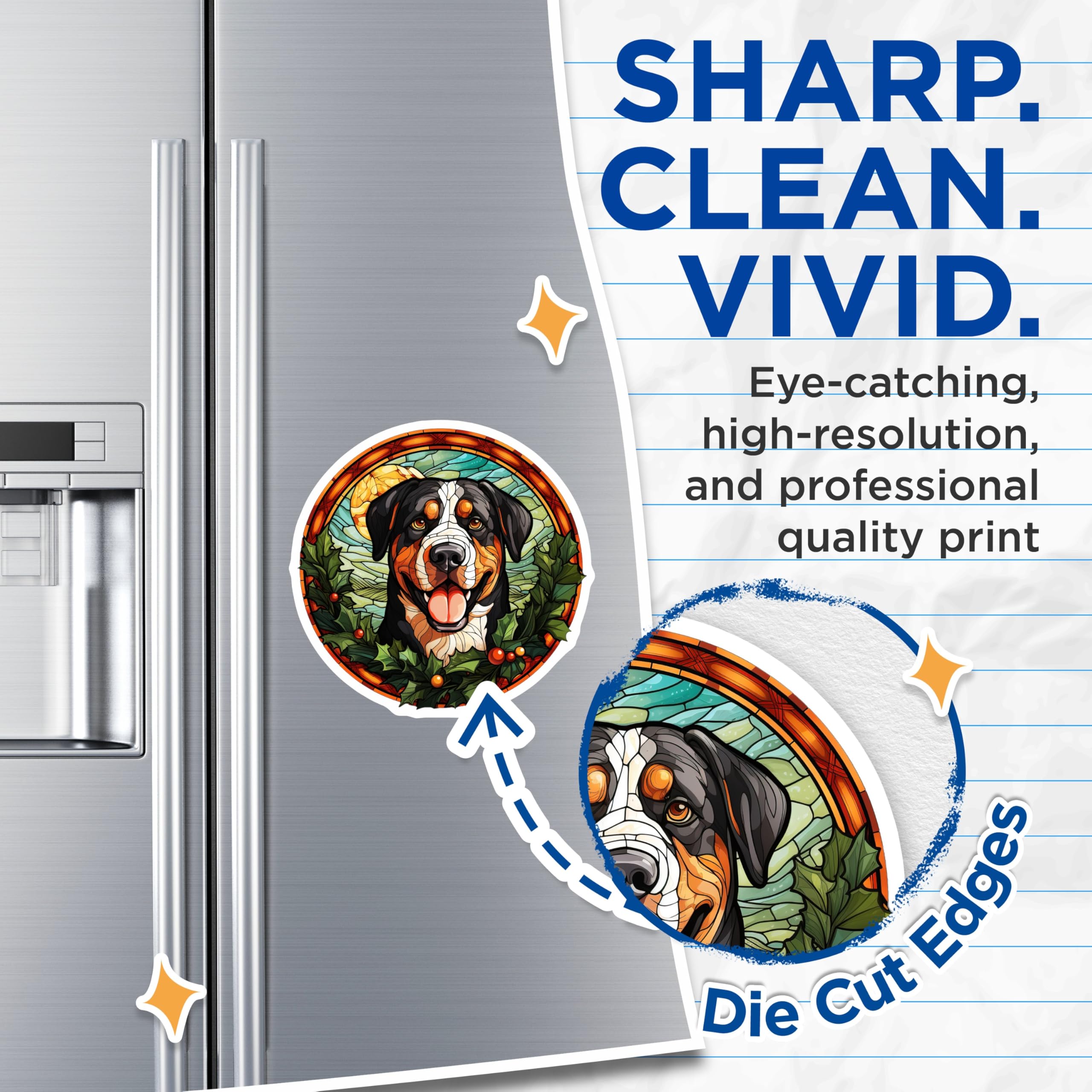 (2 Pack) Bernese Mountain Dog Magnets - Stained Glass Dog Art - Christmas Holiday Pet Decor - Berner Lover Fridge Display - 5 Inches On Longest Side - Thick Durable Magnet - Made in USA - MAG30041