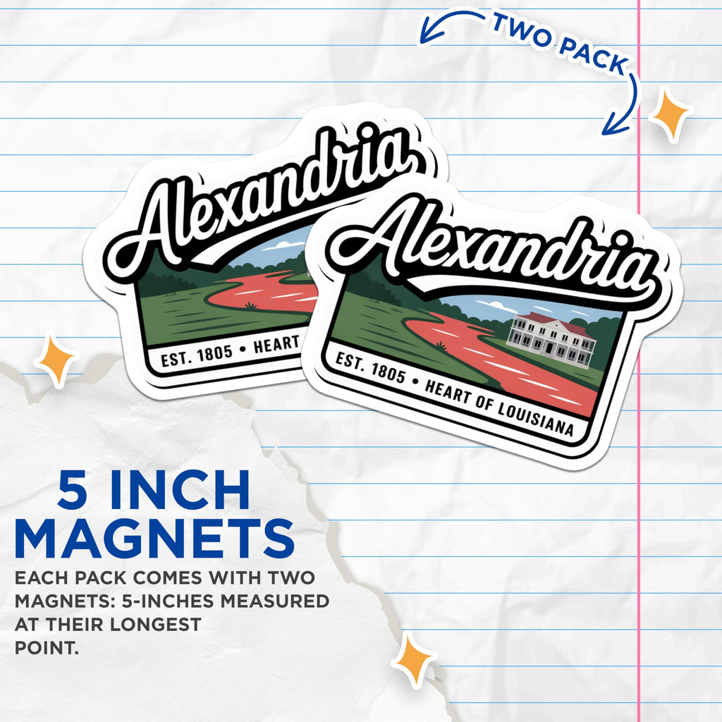(2 Pack) Alexandria Louisiana Magnets - Historic Landmark - Heart of Louisiana - 5" On Longest Side - Premium Magnet - for Cars, Refrigerators, Toolboxes, Lockers - Made in USA - MAG18047
