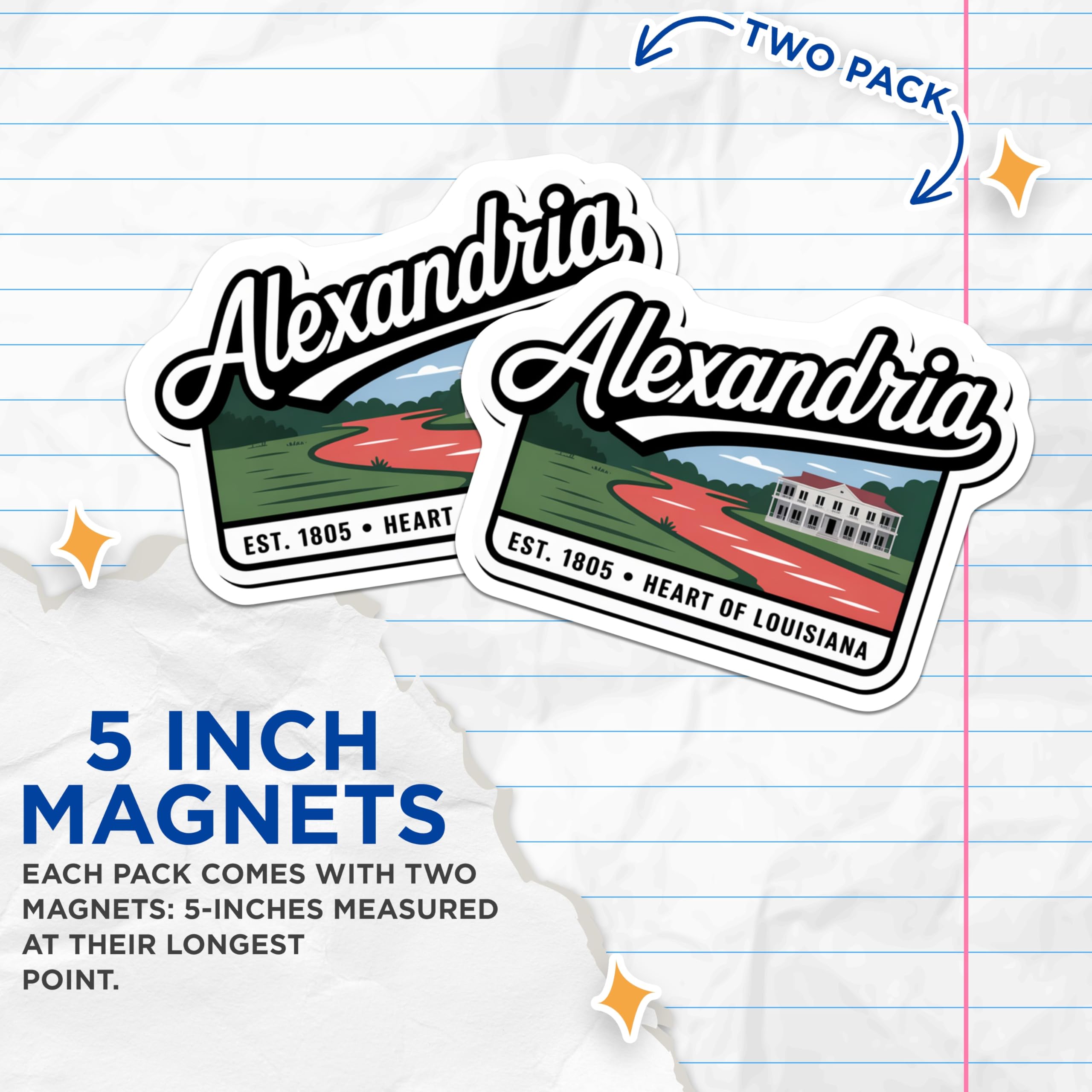 (2 Pack) Alexandria Louisiana Magnets - Historic Landmark - Heart of Louisiana - 5" On Longest Side - Premium Magnet - for Cars, Refrigerators, Toolboxes, Lockers - Made in USA - MAG18047