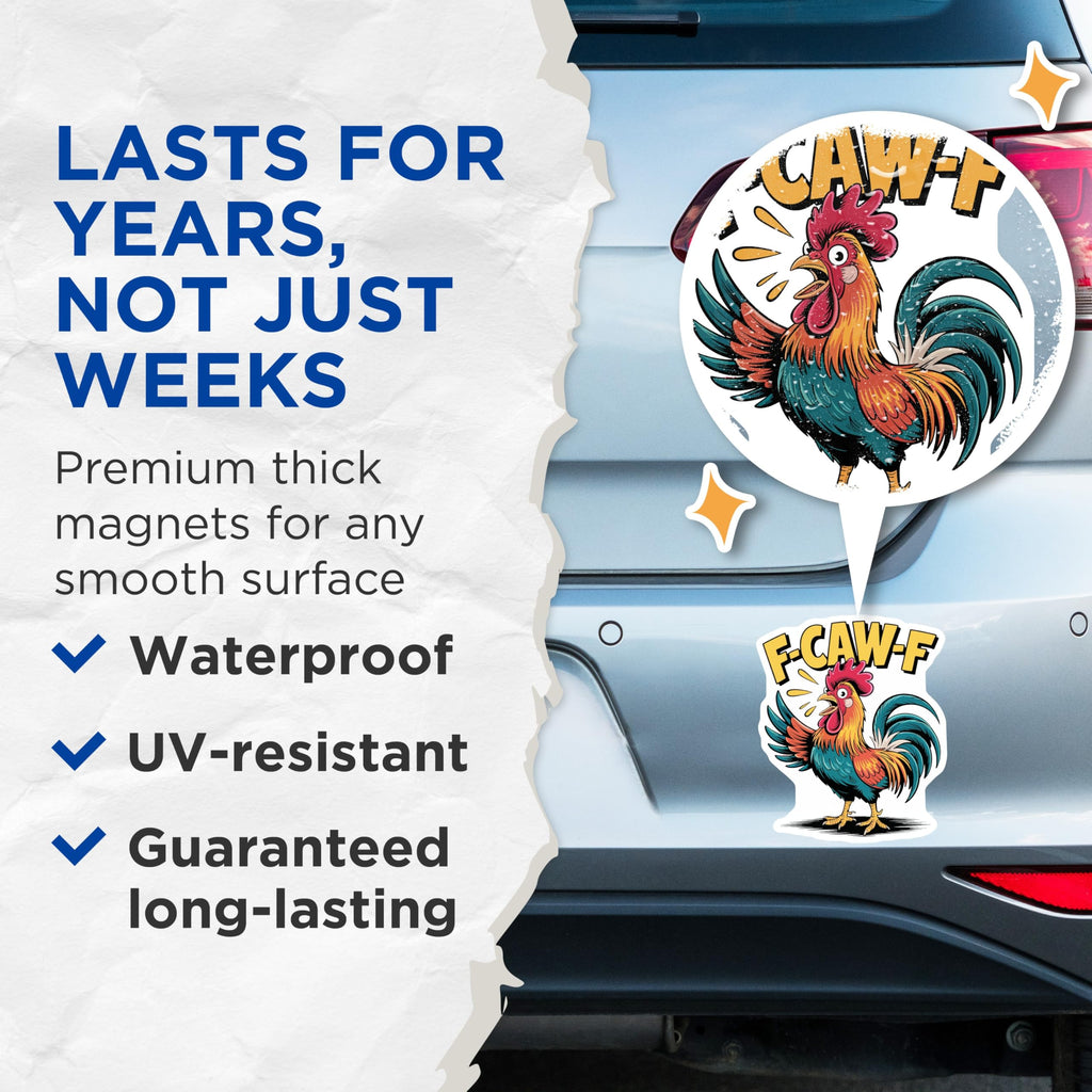 (2 Pack) Rooster Magnets - F CAW F Chicken Decor - Farm Animal Magnets - 5" On Longest Side - Premium Magnet - for Cars, Refrigerators, Toolboxes, Lockers - Made in USA - MAG14583