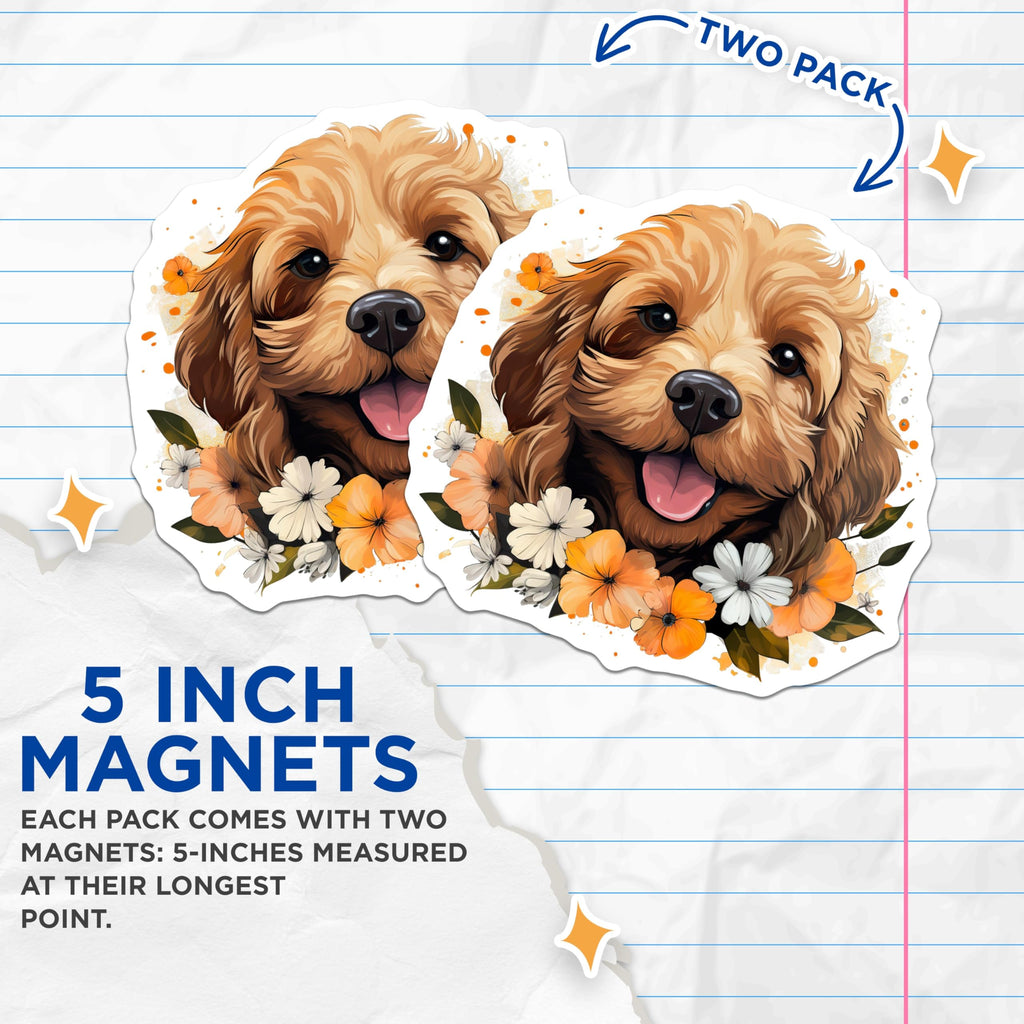(2 Pack) Goldendoodle Puppy Magnets - Smiling Dog Floral Portrait Art - Pet Lover Fridge Locker Home Decor - 5 Inches On Longest Side - Thick Durable Magnet - Made in USA - MAG24575