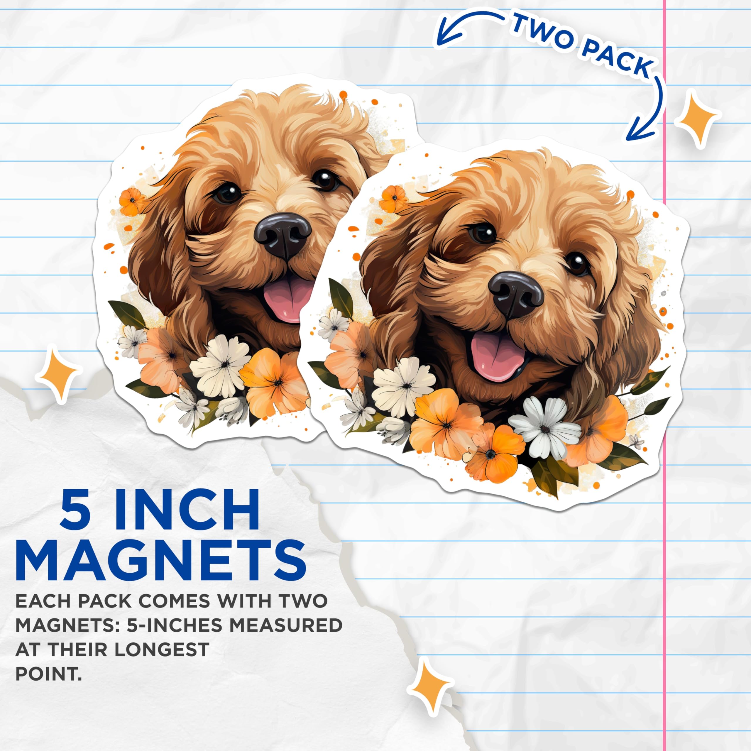 (2 Pack) Goldendoodle Puppy Magnets - Smiling Dog Floral Portrait Art - Pet Lover Fridge Locker Home Decor - 5 Inches On Longest Side - Thick Durable Magnet - Made in USA - MAG24575
