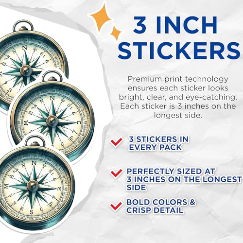 (3 Pack) Compass Decals - Nautical Stickers - Laptop Decals- 3 Inches On Longest Side - Easy Peel & Apply - Made in USA - 3MCS5743