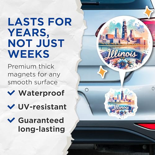 (2 Pack) Illinois Cityscape Magnets - Chicago Skyline - Illinois Travel Souvenir - Midwest Landmark Art - 5" On Longest Side - for Cars, Fridges, Toolboxes - Made in USA - MAG6942
