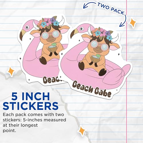 (2 Pack) Cute Animal Stickers - Beach Babe - Fun Flamingo Float Stickers for Water Bottles and Laptops - 5" On Longest Side - Sticks to Smooth Flat Surfaces - Made in USA - BMCS6878