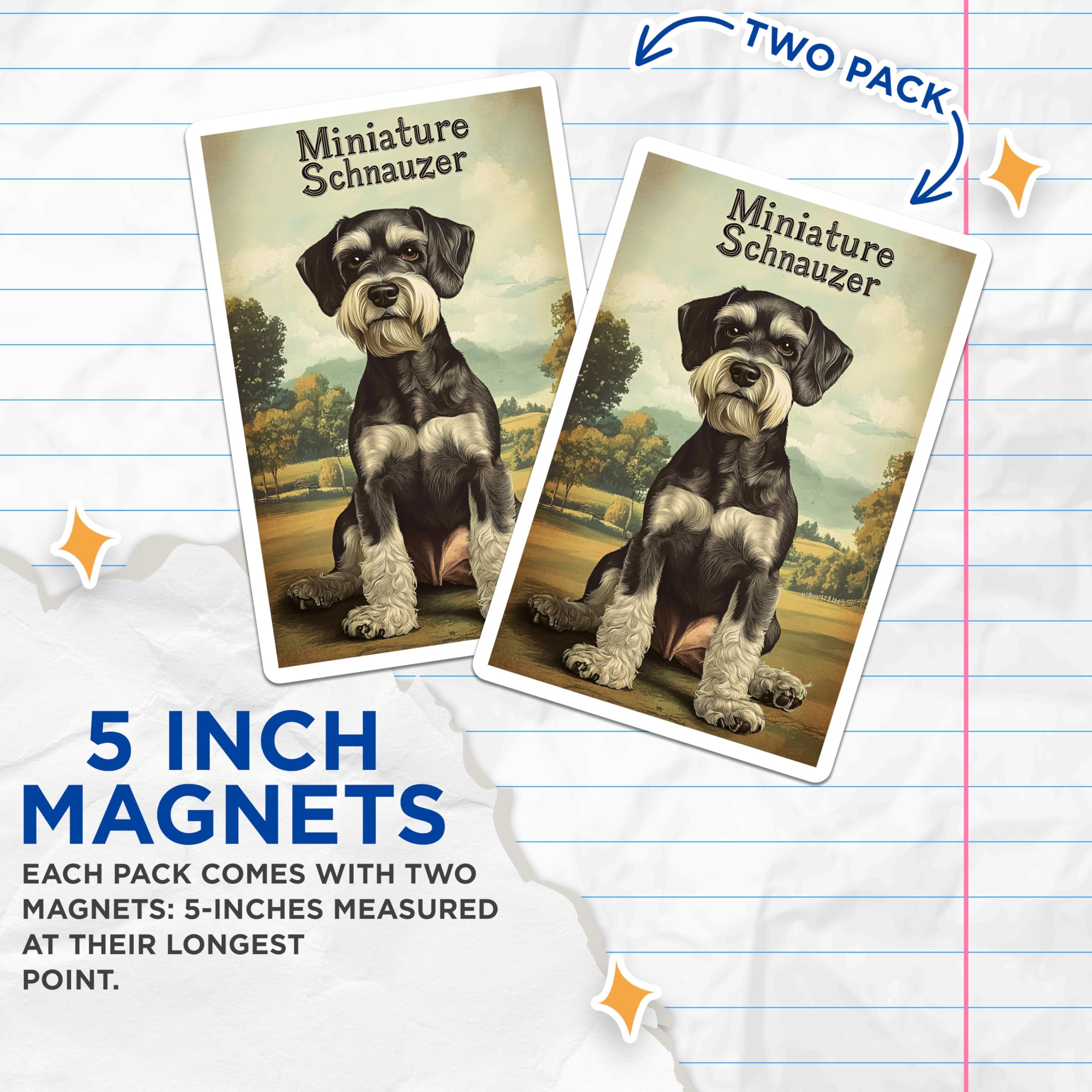 (2 Pack) Miniature Schnauzer Dog Breeds Magnets - Vintage Inspired Dog Art Illustrations - Unique Pet Owner Fridge Magnets - 5 Inches On Longest Side - Thick Durable Magnet - Made in USA - MAG23068