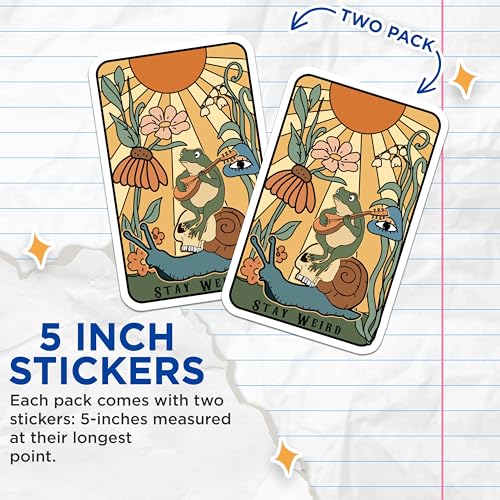 (2 Pack) Stay Weird Stickers - Frog Playing Guitar Sticker - Snail Sticker - Cool Retro Aesthetic Sticker - 5" On Longest Side - Sticks to Smooth Flat Surfaces - Made in USA - BMCS6409