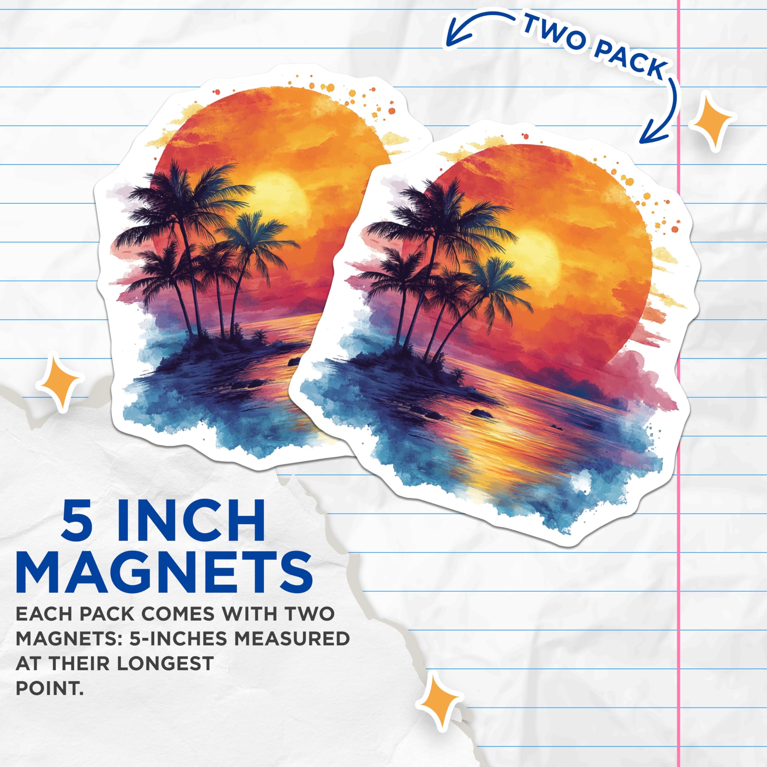 (2 Pack) Tropical Sunset Magnets - Watercolor Beach Scene - Palm Tree Island Decor - Summer Vacation Vibe - 5 Inches On Longest Side - Thick Durable Magnet - Made in USA - MAG29656