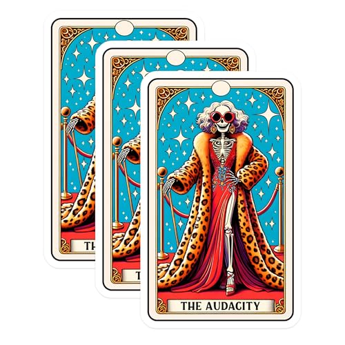 (3 Pack) Audacity Skeleton Decals - Tarot Card Decals - Leopard Coat - 3 Inches On Longest Side - Easy Peel & Apply - Made in USA - 3MCS4004