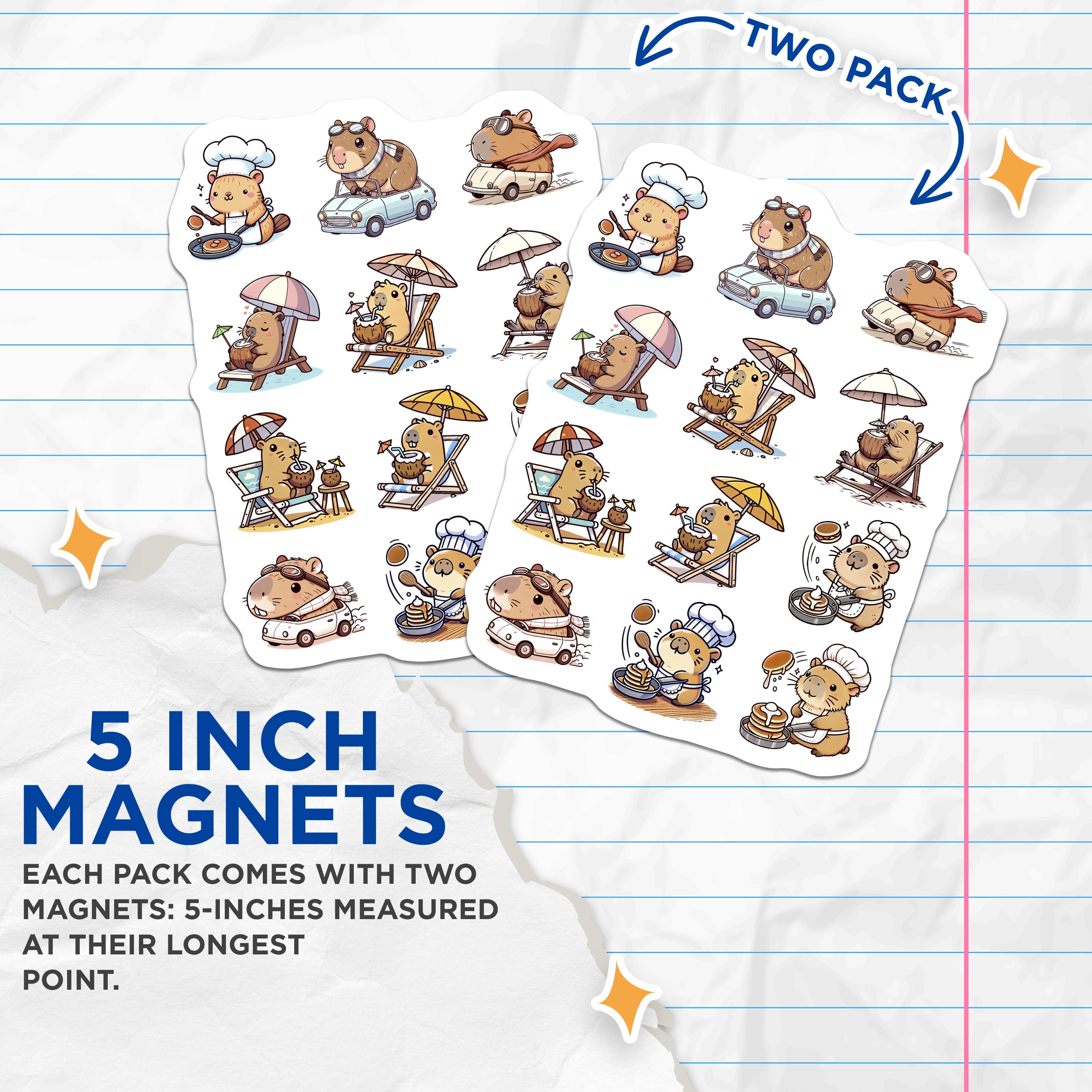 (2 Pack) Cute Capybara Magnets - Kawaii Chef Capybara - Relaxing Beach Magnet - Animal Lover Fridge Decor - 5 Inches On Longest Side - Thick Durable Magnet - Made in USA - MAG39084