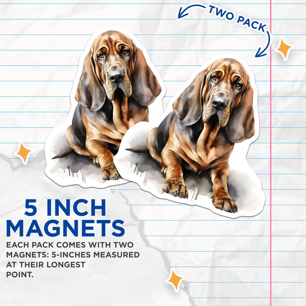 (2 Pack) Bloodhound Dog Magnets - Watercolor Pet Lover - Hound Dog Art Fridge Decor - 5 Inches On Longest Side - Thick Durable Magnet - Made in USA - MAG25697