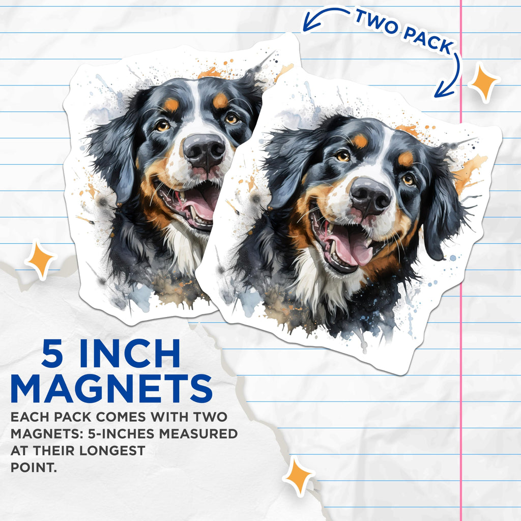 (2 Pack) Bernese Mountain Dog Magnets - Watercolor Dog Art Decor - Happy Berner Pet Owner Items - 5 Inches On Longest Side - Thick Durable Magnet - Made in USA - MAG30915