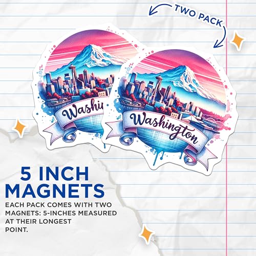 (2 Pack) Scenic Washington Magnets - Seattle Skyline - Mount Rainier - Washington Souvenir - 5" On Longest Side - for Cars, Fridges, Toolboxes - Made in USA - MAG7161