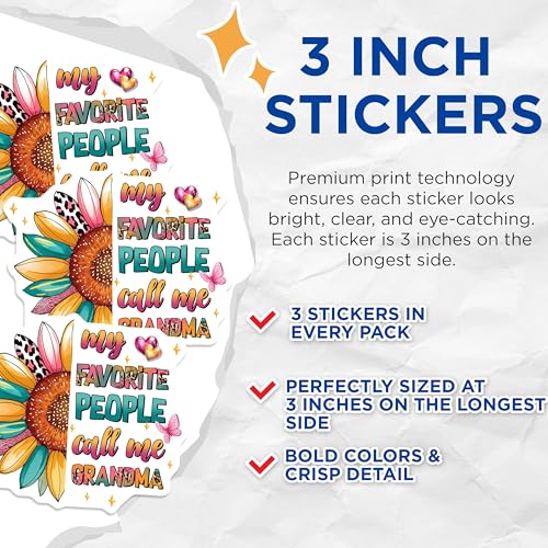 (3 Pack) Grandma Decals - Sunflower Hearts - Favorite People Decal - 3 Inches On Longest Side - Easy Peel & Apply - Made in USA - 3MCS7223