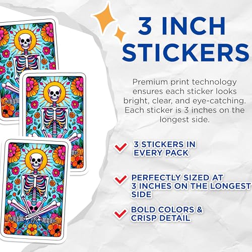 (3 Pack) Sugar Skull Decals - Floral Skeleton - Day of The Dead Decoration - 3 Inches On Longest Side - Easy Peel & Apply - Made in USA - 3MCS8174