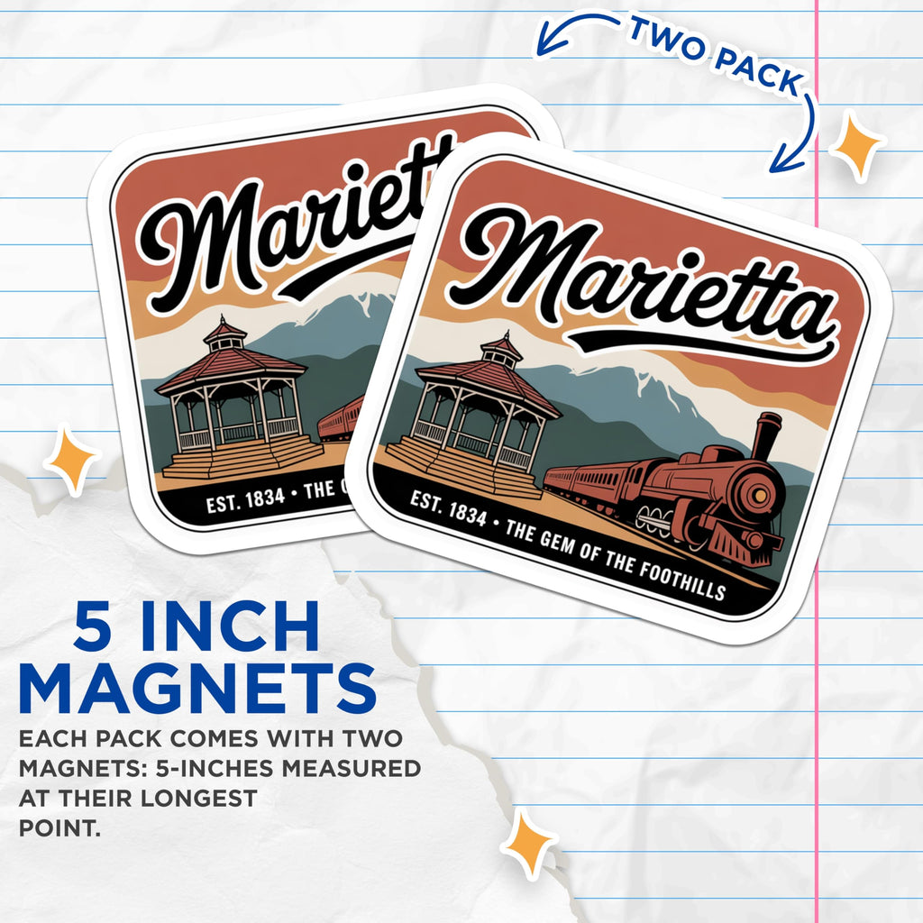 (2 Pack) Marietta Georgia Magnets - Hometown Pride Decor - Retro Travel Souvenir - 5" On Longest Side - Premium Magnet - for Cars, Refrigerators, Toolboxes, Lockers - Made in USA - MAG18998